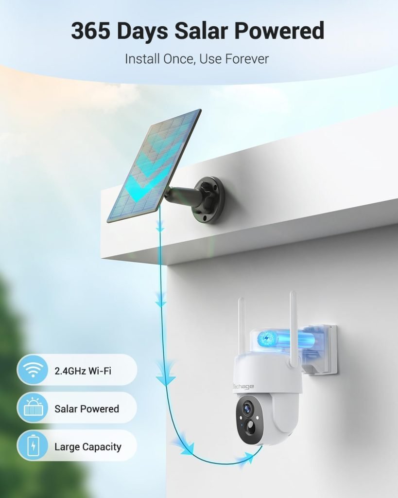 Techage Solar Security Camera Outdoor, 3MP Wireless CCTV Camera Pan Tilt 360° View with Spotlight, PIR Motion Detection, Color Night Vision, Siren, 2 Way Audio, Cloud/SD, Support Alexa
