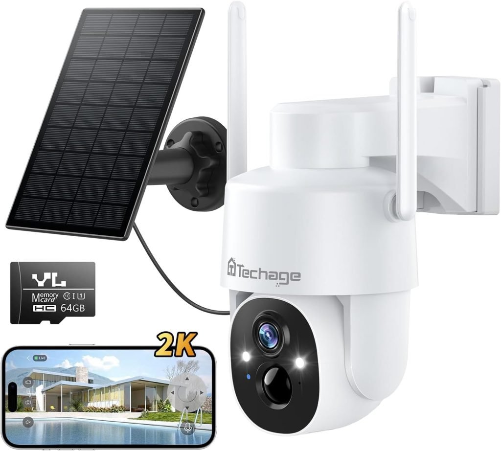 Techage Solar Security Camera Outdoor, 3MP Wireless CCTV Camera Pan Tilt 360° View with Spotlight, PIR Motion Detection, Color Night Vision, Siren, 2 Way Audio, Cloud/SD, Support Alexa