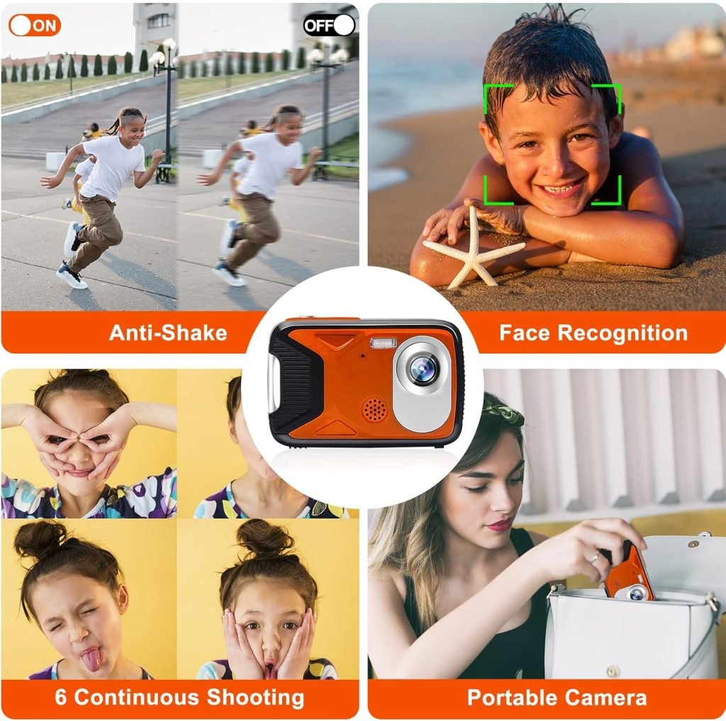 Waterproof Digital Camera with a Battery and 32GB Micro Card,30MP Small Underwater Cameras with PC Webcam and Picture Editing Function,Children Video Camera for Kids/Adult/Elderly/Beginners(Orange)