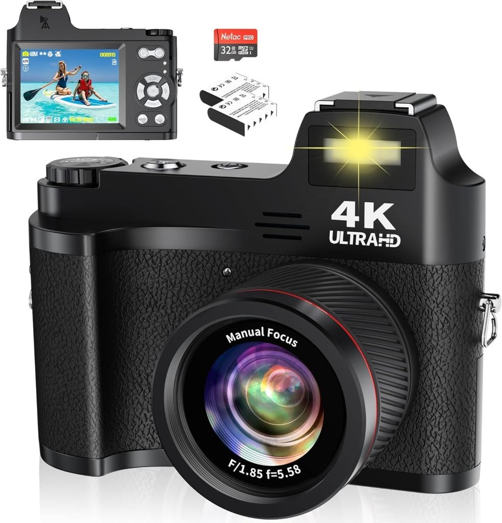 Windancy Appareil photo numérique pour photographie 4K 48 MP avec carte SD 32 Go et objectif macro et zoom numérique 18X de 7,6 cm, caméras de prise de vue et points rechargeables, caméra vidéo pour