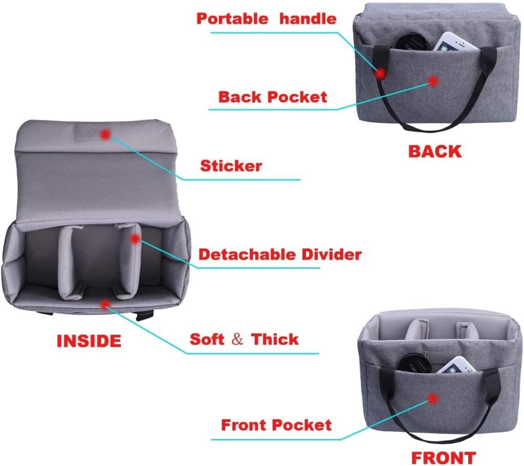 BOMKEE Camera Insert Bag, SLR Camera Cube Inserts Shockproof Padded Soft Folding Partition SLR DSLR Protection Case for Camera Lens Accessories Sony Canon Nikon Olympus,Grey