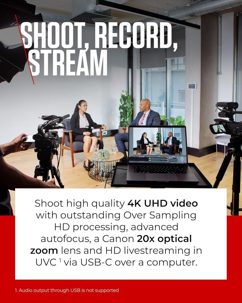 Canon XA60 - Professional 4K Video Camcorder with advanced Auto Focus, 20x Optical Zoom, 5-Axis Stabilisation, HDMI Out  HD Live Streaming over USB-C