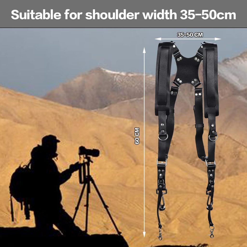 Coolty Camera Shoulder Strap for Two Cameras, Adjustable Leather Camera Strap, Dual Shoulder Digital Camera Leather Harness, Camera Accessories for DSLR/SLR (Black)