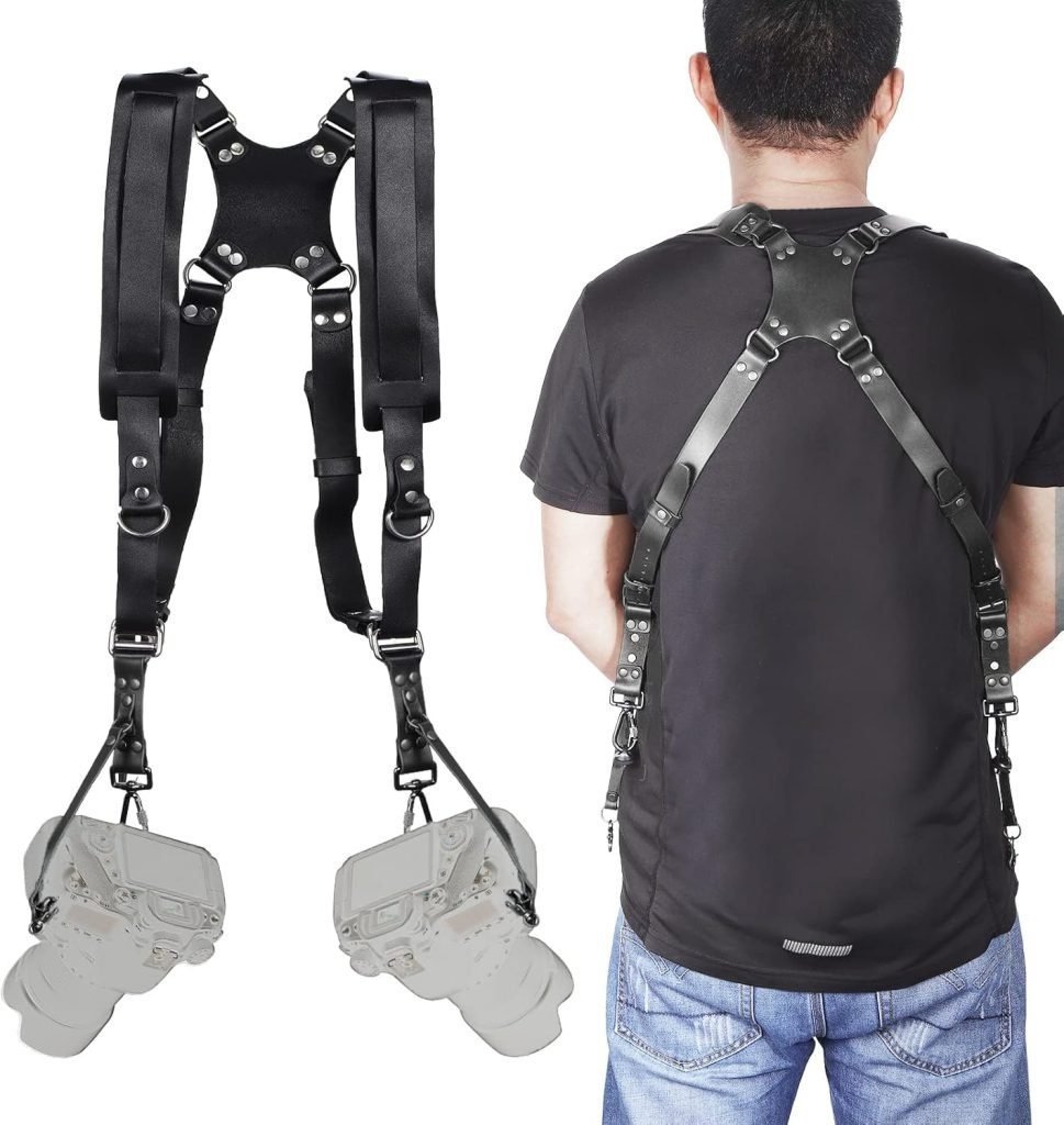 Coolty Camera Shoulder Strap for Two Cameras, Adjustable Leather Camera Strap, Dual Shoulder Digital Camera Leather Harness, Camera Accessories for DSLR/SLR (Black)