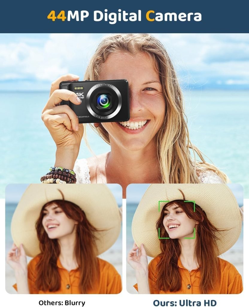 Digital Camera, 4K Autofocus Vlogging Camera 44MP UHD Compact Camera with 32G SD Card  2 Batteries, 2.4”Rechargeable Mini Camera for Photography, Video, Kids, Beginners,Teenagers, Adult