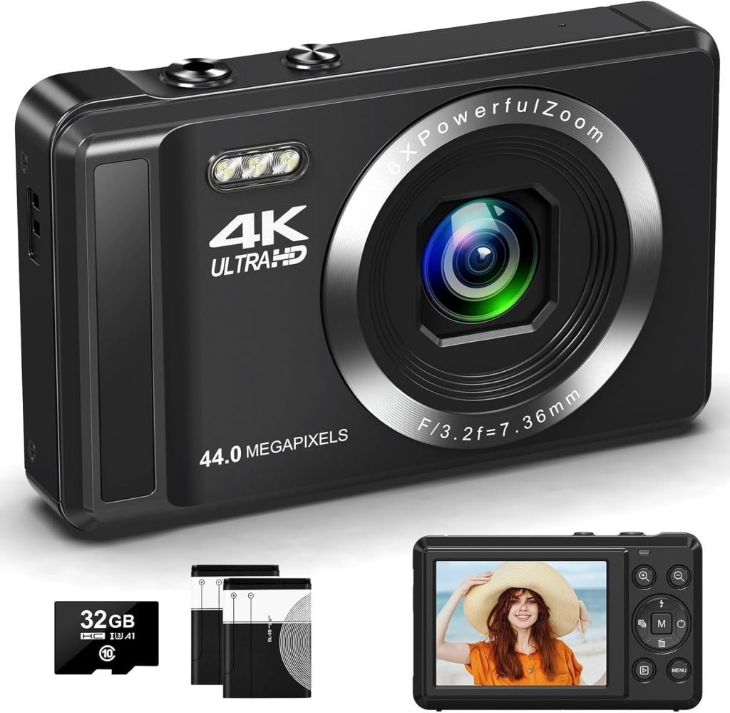 Digital Camera, 4K Autofocus Vlogging Camera 44MP UHD Compact Camera with 32G SD Card  2 Batteries, 2.4”Rechargeable Mini Camera for Photography, Video, Kids, Beginners,Teenagers, Adult
