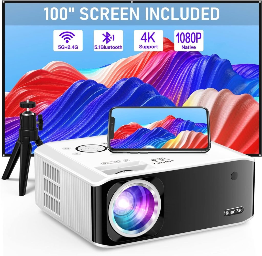 [Electric Keystone 6D/4P] XuanPad Projector 4K Supported, 2024 Upgraded 18000L Native 1080P 5G WiFi Bluetooth, 50%-100% Zoom, Mini Projector with Screen and Tripod for iOS/Android/TV Stick