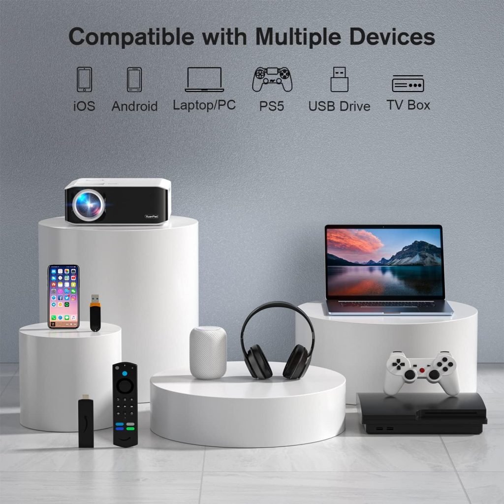[Electric Keystone 6D/4P] XuanPad Projector 4K Supported, 2024 Upgraded 18000L Native 1080P 5G WiFi Bluetooth, 50%-100% Zoom, Mini Projector with Screen and Tripod for iOS/Android/TV Stick