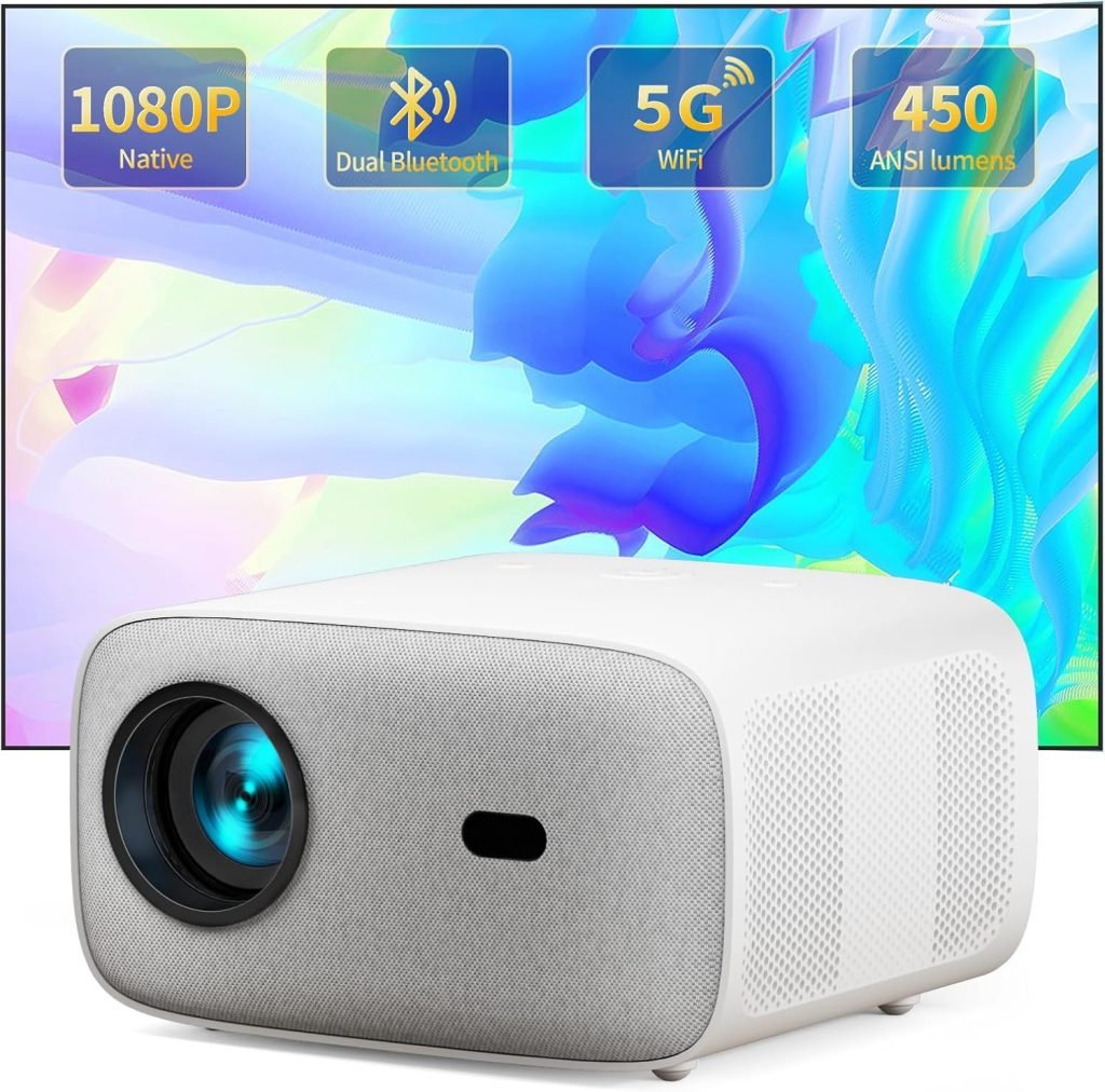 Native 1080P Projector with WiFi and Dual Bluetooth, 450 ANSI HD Movie Video Projector 4K, Home Theater Projector with Bidirectional Bluetooth, for iPhone Android, TV Stick, HDMI