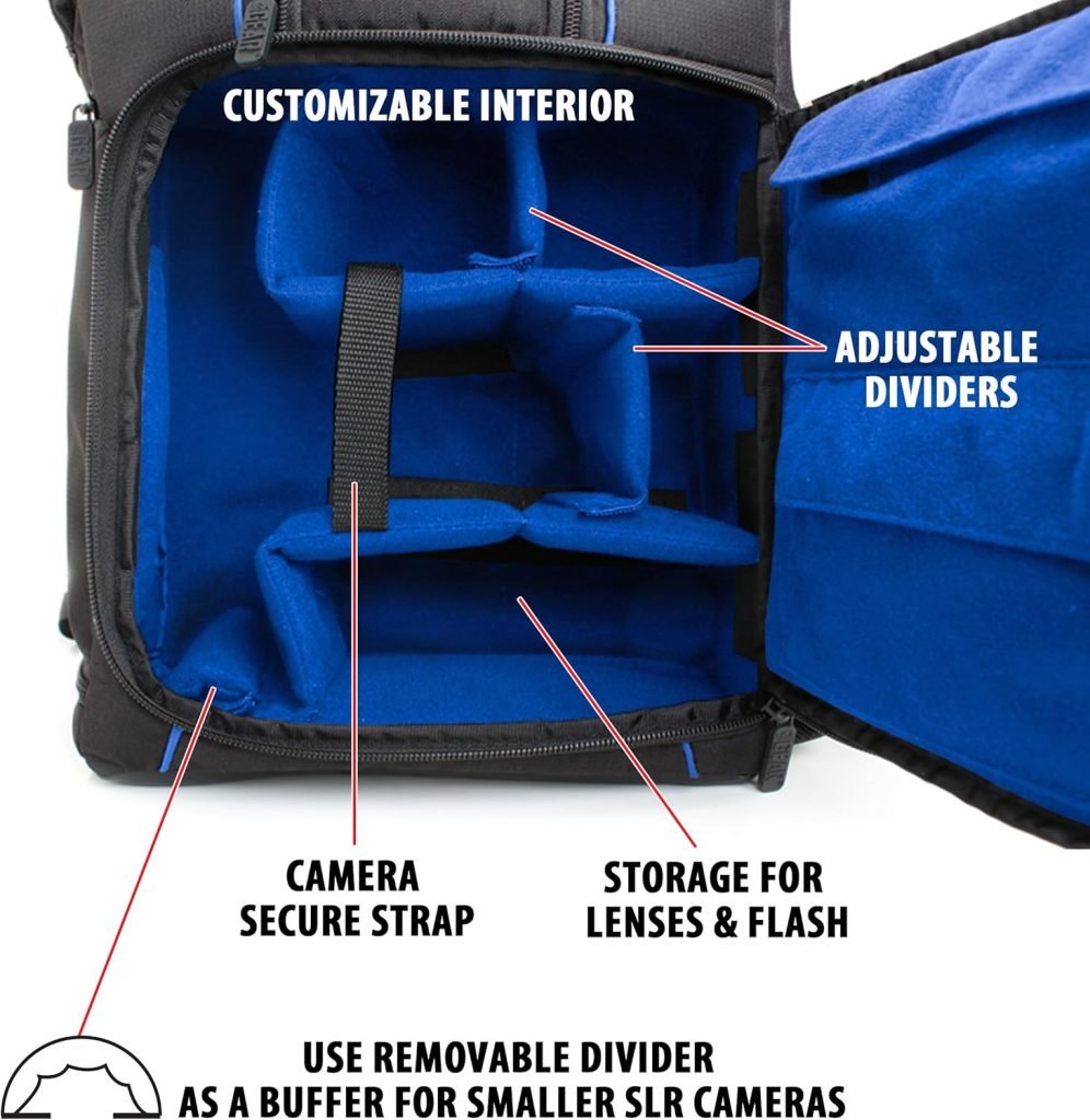 USA Gear Digital Camera Backpack DSLR Photo Bag with Comfort Design, Waterproof Cover, Laptop Storage, Tripod Holder, Adjustable Lens Storage - Compatible with Full-Sized Digital Cameras - Orange