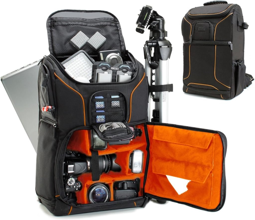 USA Gear Digital Camera Backpack DSLR Photo Bag with Comfort Design, Waterproof Cover, Laptop Storage, Tripod Holder, Adjustable Lens Storage - Compatible with Full-Sized Digital Cameras - Orange