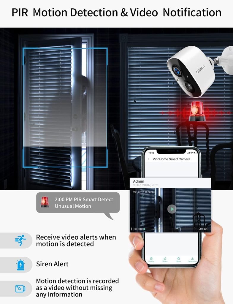 G-Homa Security Camera Outdoor Wireless, Indoor WiFi HD Home Security Cameras with Color Night Vision, 2-Way Audio, Siren, Smart AI, Motion Detection, Waterproof Battery Operated Camera (Upgraded)