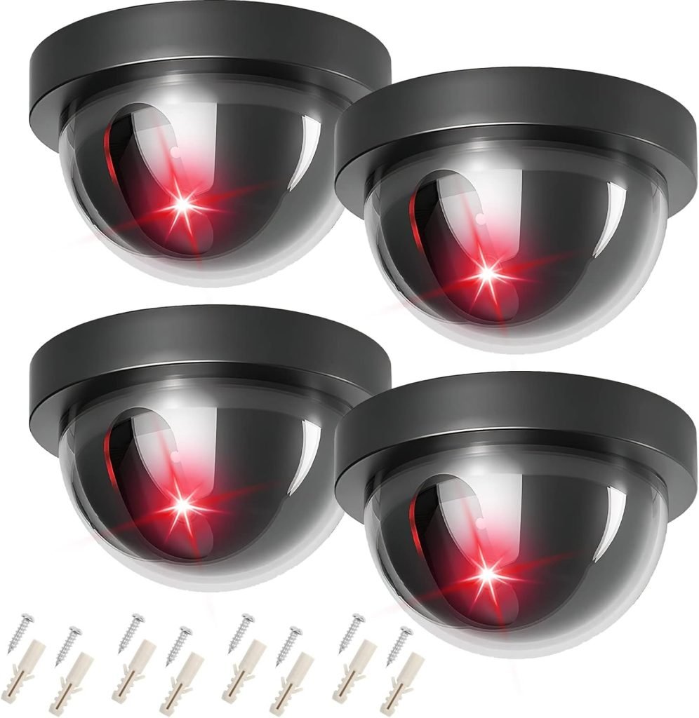 GIOVARA Dummy CCTV Camera, Home Outdoor 4 Pack Fake Security Camera Simulation Monitor with LED Blinking Light, Dome Dummy Cameras Outdoor Indoor Use for Home, Office  Business