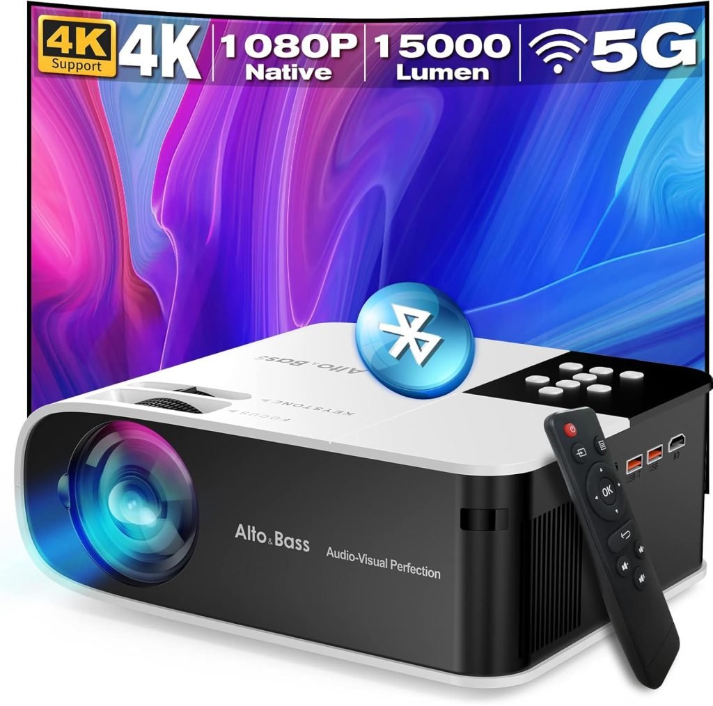 Native 4K Projector 1080P with WIFI and Bluetooth, 550 ANSI Portable Home Theater Projector 4k supported 200 Display Video Projector, 4D/4P Keystone  50%-100% Zoom for iphone android PC Laptop