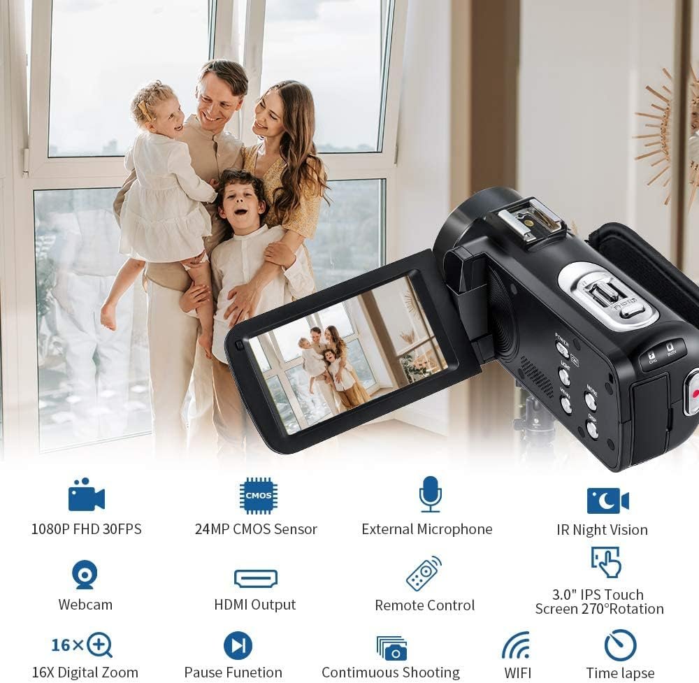 ORDRO Camcorder Full HD 1080P 30FPS 24MP 3.0 Inch IPS Touchscreen IR Night Vision Video Camera with Microphone, Wide Angle Lens and Camera Holder