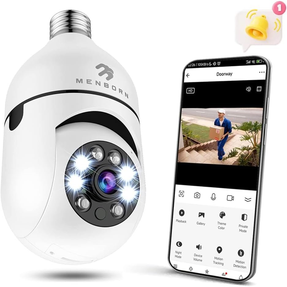 4MP Light Bulb Security Camera, 2.4GHz WiFi 2K Wireless Cameras, 355 Degree View Bulb Camera for Home Security with Motion Detection Alarm Night Vision Two-Way-Talk Works with AlexaGoogle Home