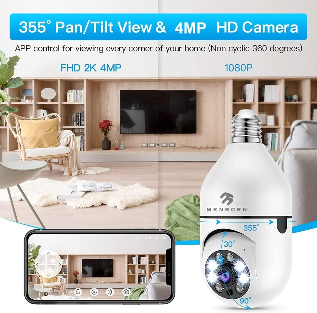 4MP Light Bulb Security Camera, 2.4GHz WiFi 2K Wireless Cameras, 355 Degree View Bulb Camera for Home Security with Motion Detection Alarm Night Vision Two-Way-Talk Works with AlexaGoogle Home