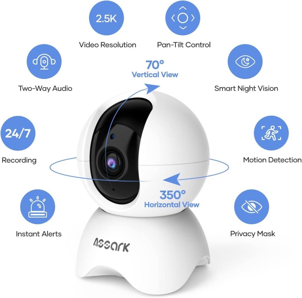 Assark 5MP HD Indoor Camera 2.5K Security Camera, Pet Camera WiFi Camera for Home Security, 360° Pan Tilt with AI Human Detection, Baby Monitor with Sound Detection, 2-Way Talk, Night Vision (White)