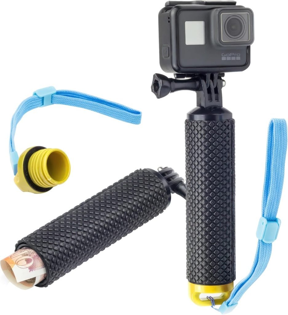 Digicharge Floating Handle Grip Mount with Hand Strap for Action Cam GoPro Hero13 Hero12 Hero11 / DJI Osmo Action 5 / Hero 13 12 11 Mini 10 Max 9 Akaso Float, Waterproof Internal Storage, Yellow