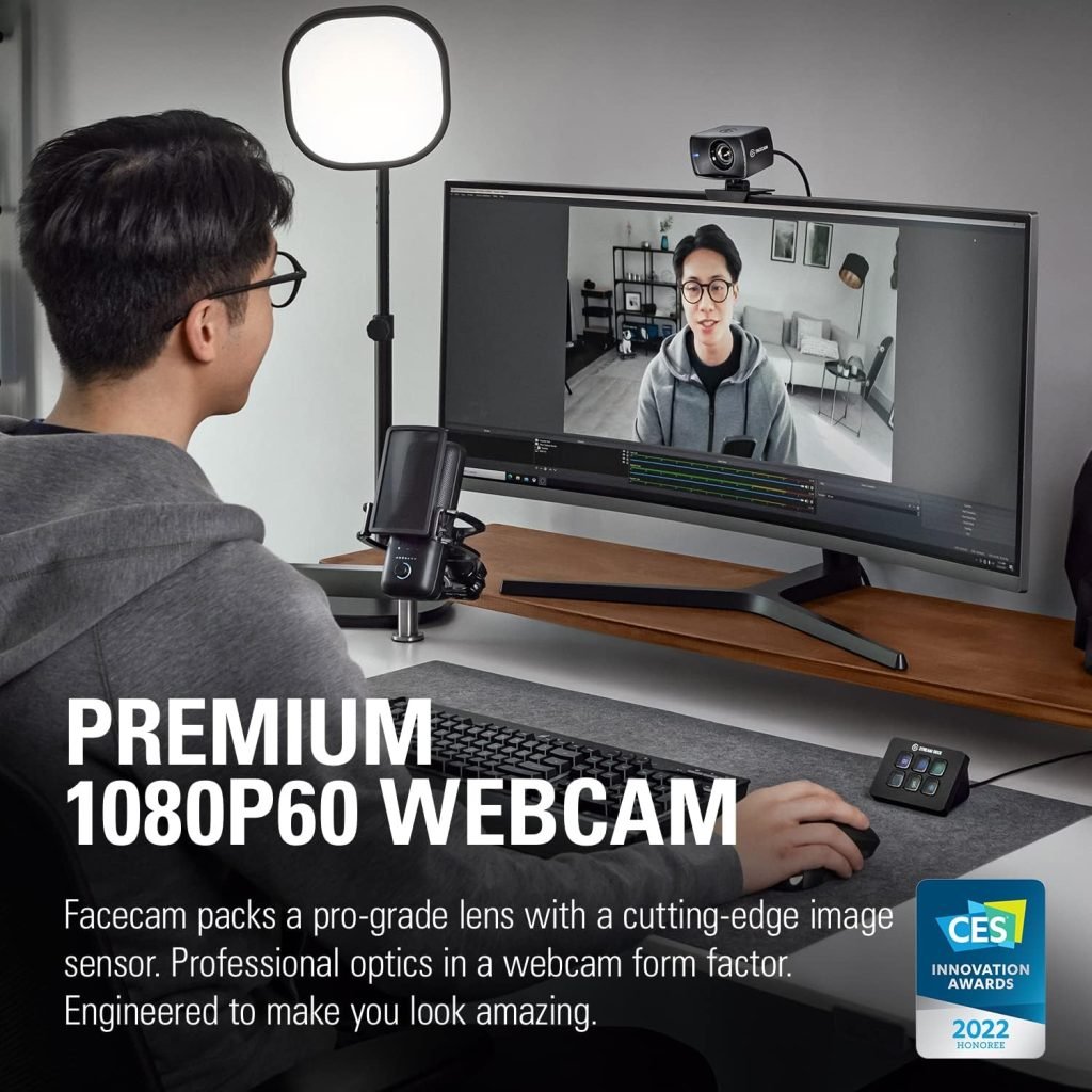 Elgato Facecam - 1080p60 Full HD Webcam for Video Conferencing, Gaming, Streaming, Sony Sensor, Fixed-Focus Glass Lens, Optimised for Indoor Lighting, Onboard Memory, Zoom, Microsoft Teams, PC/Mac
