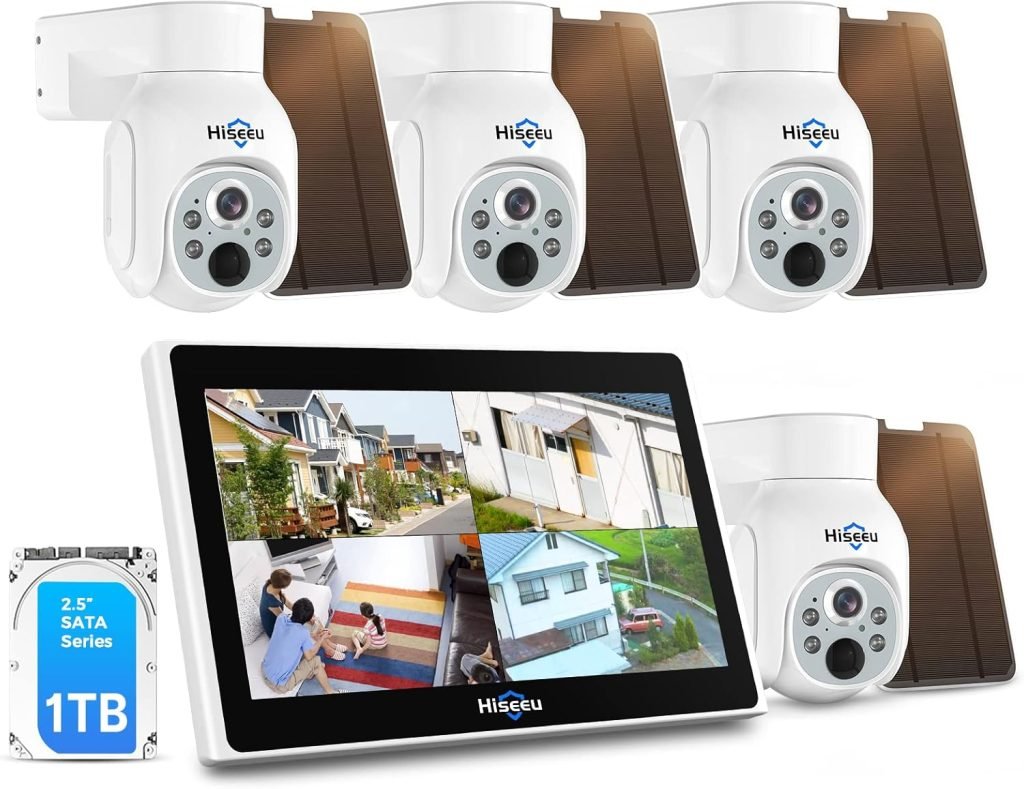 Hiseeu Wireless Security Camera System Outdoor, 4ＭP Solar Camera, Wire-Free, Battery Powered Home Camera, 2-Way Audio, PIR Detection, IP66 Waterproof, Pre-Installed 64G SD Card, Work with Alexa