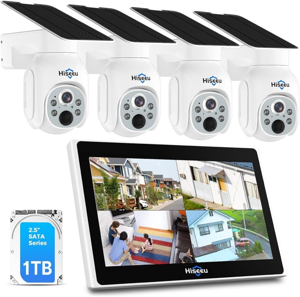 Hiseeu Wireless Security Camera System Outdoor, 4ＭP Solar Camera, Wire-Free, Battery Powered Home Camera, 2-Way Audio, PIR Detection, IP66 Waterproof, Pre-Installed 64G SD Card, Work with Alexa