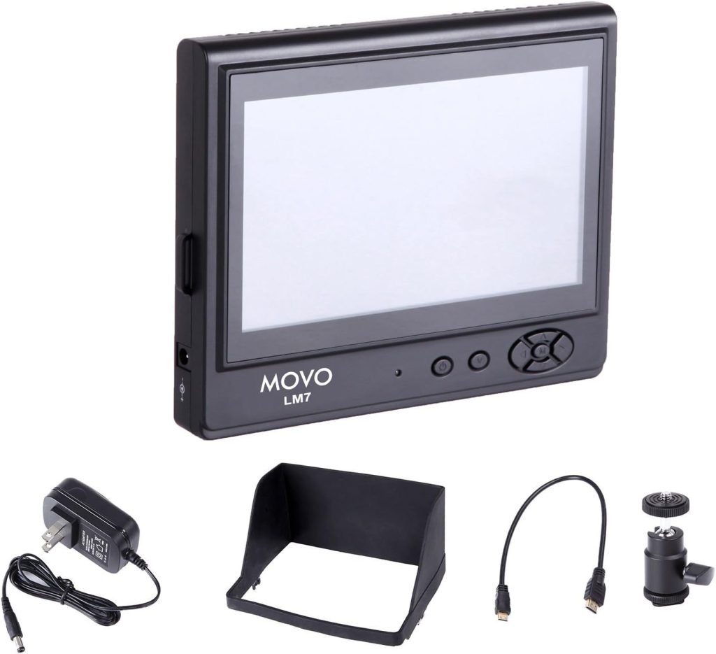 Movo Photo LVM-7 7 LCD On-Camera Field Video Monitor with Sun Shade, AC Adapter, Battery Plate  HDMI/Component Inputs for DSLR Cameras  Camcorders