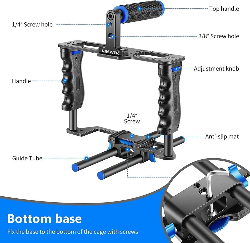 Neewer Aluminum Alloy Camera Video Cage Film Movie Making Kit, with Top Handle, Dual Hand Grip, Two 15mm Rods, Compatible with Canon, Sony, Fujifilm, and Nikon DSLR Camera and Camcorder (Black + Blue)