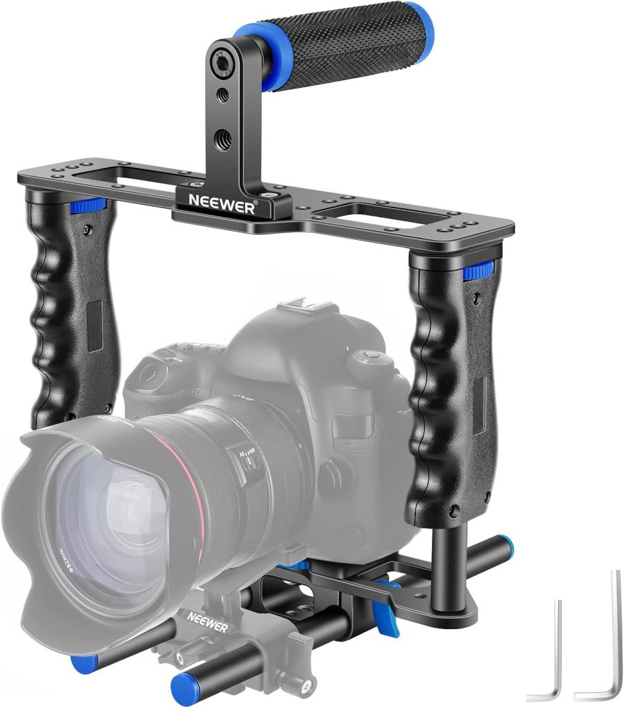 Neewer Aluminum Alloy Camera Video Cage Film Movie Making Kit, with Top Handle, Dual Hand Grip, Two 15mm Rods, Compatible with Canon, Sony, Fujifilm, and Nikon DSLR Camera and Camcorder (Black + Blue)