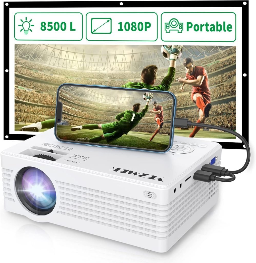 Projector, YEZMEK Mini Projector 8500 Lumen Native 1080P Full HD, Portable Projector Compatible with TV-Stick Smartphone  Tablet Laptop PS4/5 HDMI USB AV, for Home Cinema  Outdoor Movie, White.