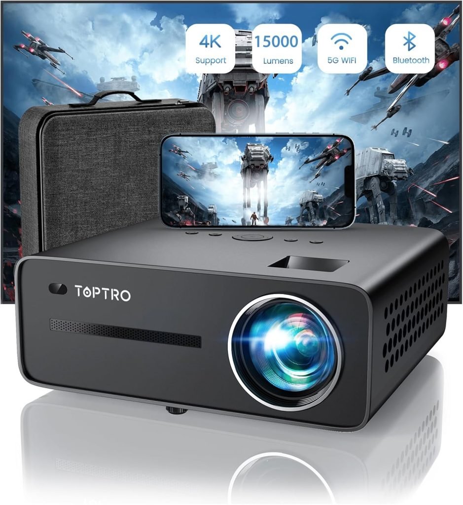 TOPTRO Projector 1080P Full HD Projectors with 5G WiFi Bluetooth Projector 4K Supported, 15000 Lumen, 300 Display Video Projectors for Home Cinema Support PPT,4D/4P Keystone,50% Zoom