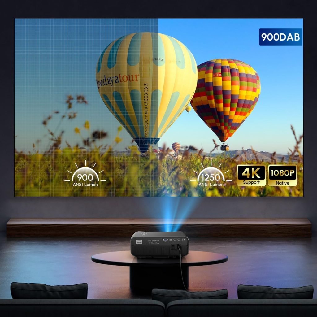 4K Smart Projector Daylight 5G WiFi Bluetooth,1250 ANSI/13000 Lumen Native 1080P Ultra HD Outdoor Movie Projector,Android TV Projector with Apps Keystone Zoom for Home Cinema Video Games,300” Display