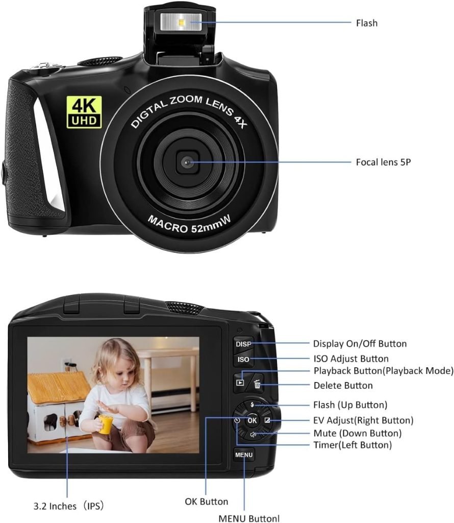 Digital Camera Full HD 4K Video Camera 48MP Compact Camera 16x Digital Zoom and 3.2 Inch Screen Vlogging Camera for Photography Beginners (Include 32G SD Card  2 Batteries) Black