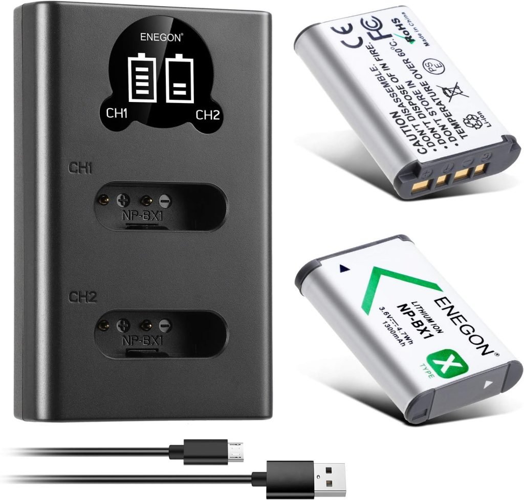 ENEGON NP-BX1 Battery (1300mAh 2-Pack) and LCD Charger Kit Compatible with Sony NP-BX1 and Sony ZV-1, Cyber-Shot DSC-RX100, DSC-RX100 II/III/M4/M5/M6/M7/Ⅳ/Ⅴ/Ⅵ/Ⅶ/VA, DSC-RX100M II, HDR-CX405