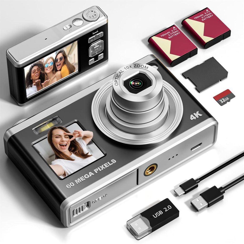 NBD 60MP Digital Camera for Photography, 4K Video Camera with Selfie Assist Screen, 16x Optical Zoom, Camera for Beginners with Selfie Assist Screen, 32GB SD Card Included (Dark) (Black)