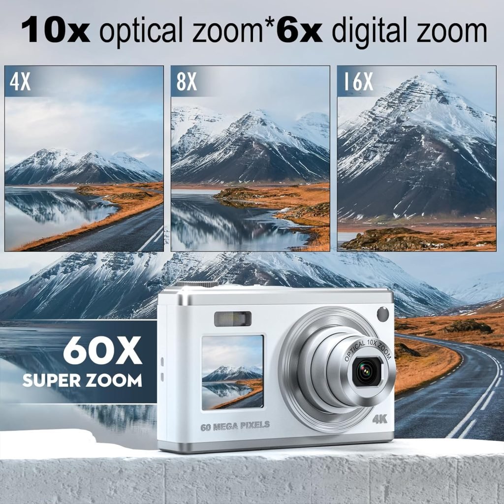 NBD 60MP Digital Camera for Photography, 4K Video Camera with Selfie Assist Screen, 16x Optical Zoom, Camera for Beginners with Selfie Assist Screen, 32GB SD Card Included (Dark) (Black)