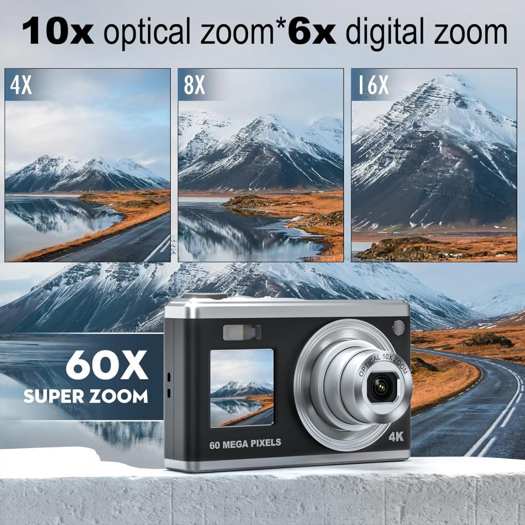 NBD 60MP Digital Camera for Photography, 4K Video Camera with Selfie Assist Screen, 16x Optical Zoom, Camera for Beginners with Selfie Assist Screen, 32GB SD Card Included (Dark) (Black)