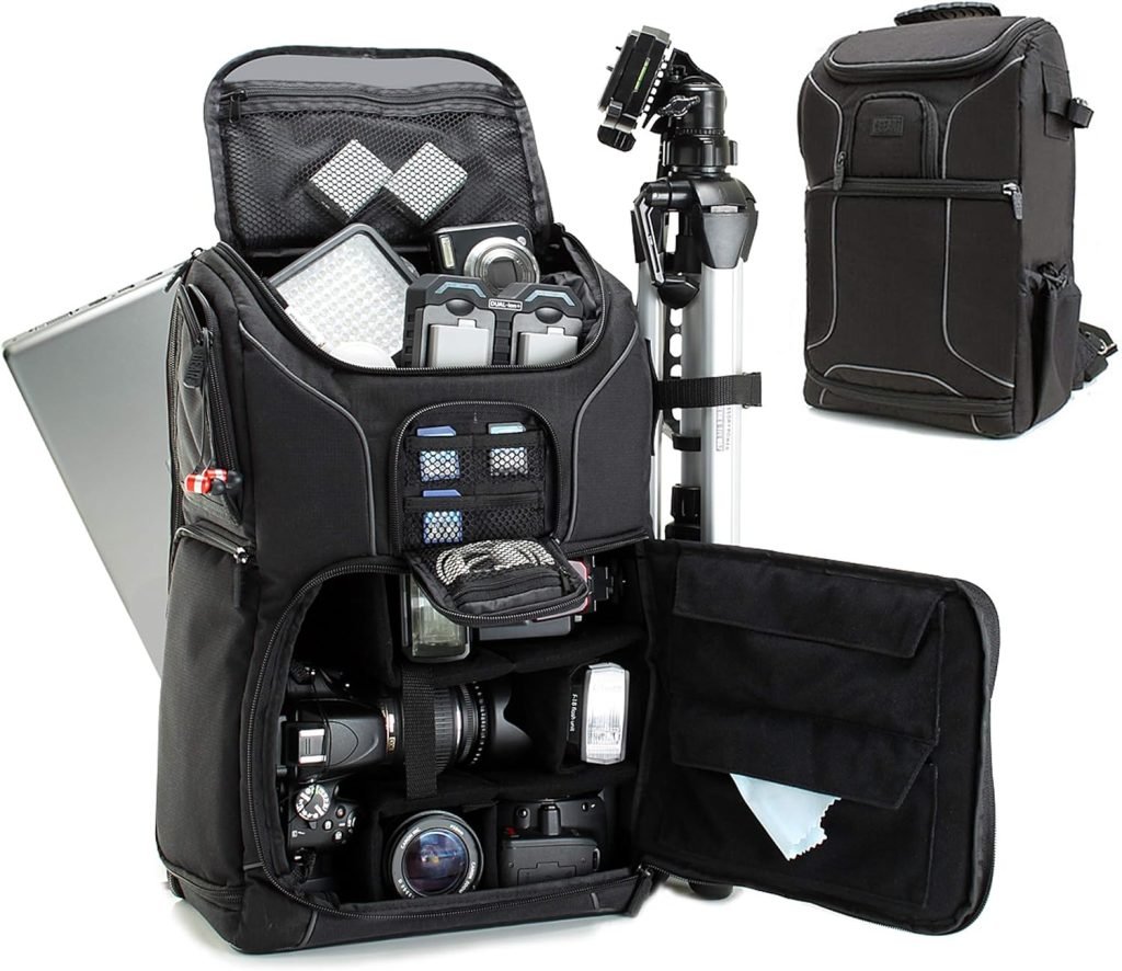 USA Gear Digital Camera Backpack DSLR Photo Bag with Comfort Design, Waterproof Cover, Laptop Storage, Tripod Holder, Adjustable Lens Storage - Compatible with Full-Sized Digital Cameras - Black