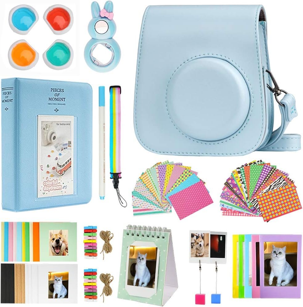 Cpano Mini 11 Camera Accessories Bundles Compatible with Instax Mini 11 with Camera Case/Book Album/Selfie Len/Wall Hanging Frames/Stickers/Pen(13 in 1)(Blue)