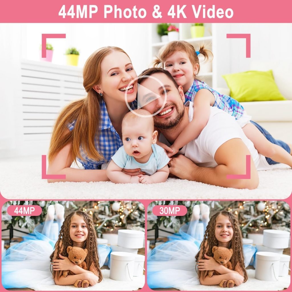 Digital Camera 4K FHD Vlogging Camera, 44MP Autofocus Compact Camera with 16X Digital Zoom, Rechargeable 2.4” Mini Kids Camera with 32GB Memory Card,2 Batteries for Beginners Students Teenagers