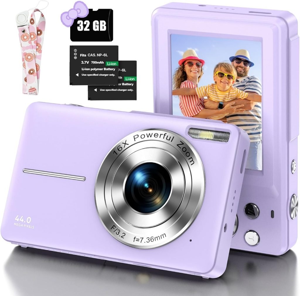 Digital Camera with 32G Micro Memory Card 1080P Camera for Kids 44MP Compact Digital Camera Photo Camera Digital Camera Cheap with 2.4 Screen and 2 Battery for Girls, Boys, Beginner-Purple