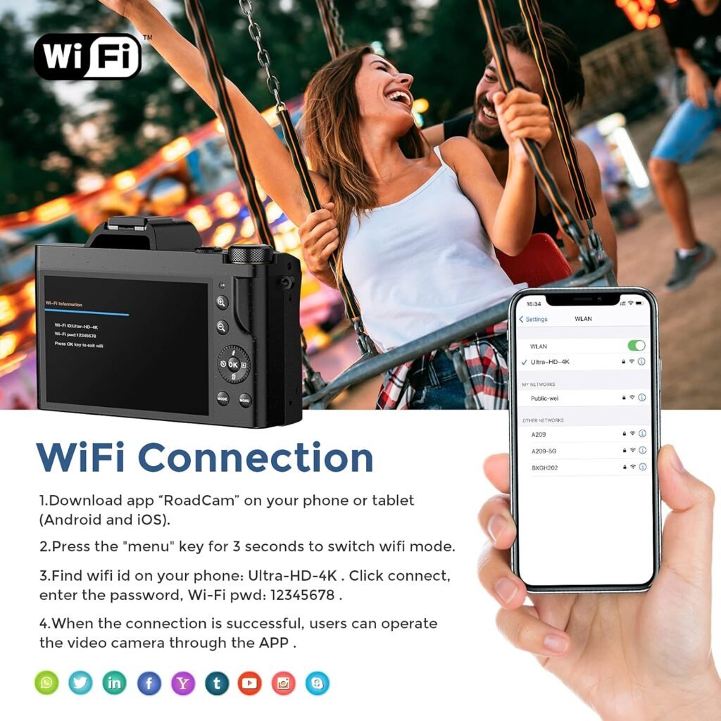 4K Digital Camera,FHD 48MP 1080P Video Camera Camcorder WiFi Vlogging Camera with Wide Angle Lens 16X Digital Zoom 3.7 Inch IPS LCD Screen Compact Camera with 2 Batteries