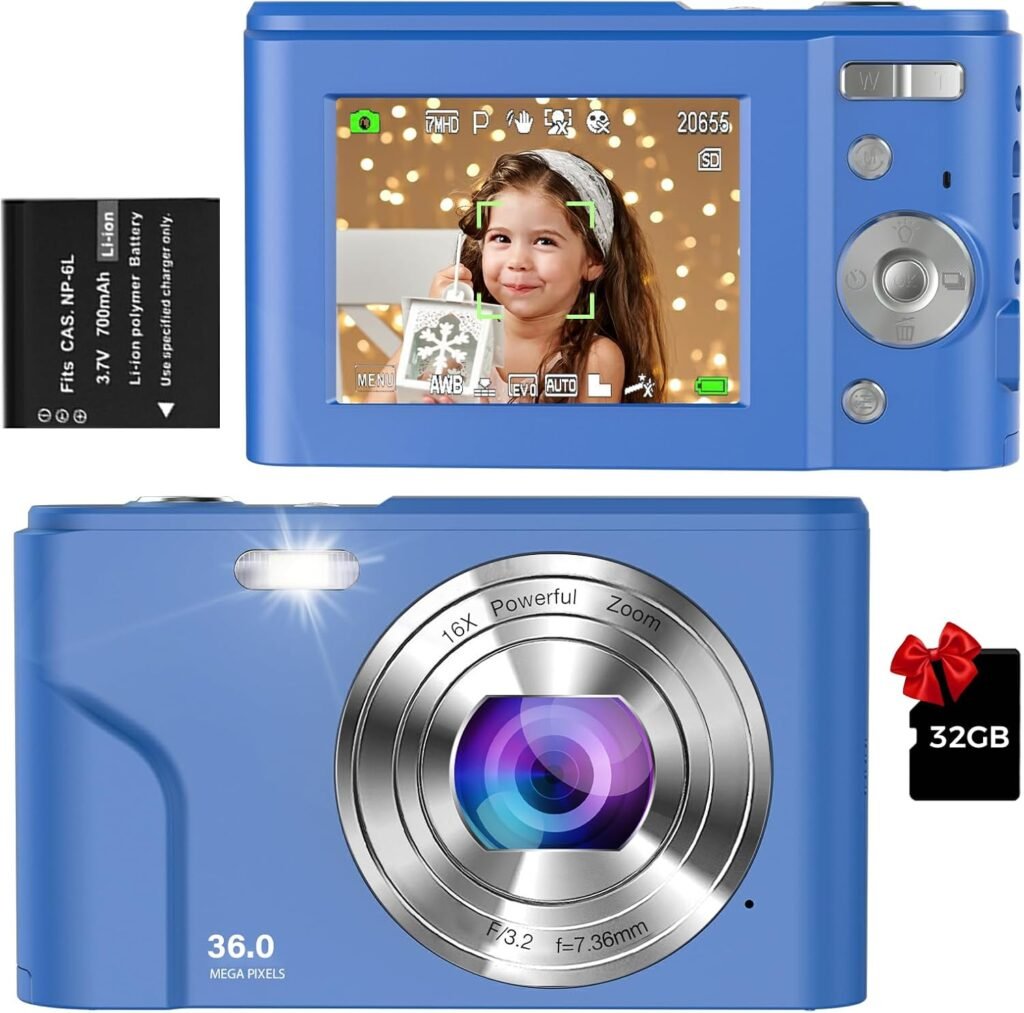 Digital Camera, 1080P Full HD Compact Camera 36MP Vlogging Camera with 16X Digital Zoom, 2.4 LCD Mini Camera for Student, Kids, Beginners（Blue）