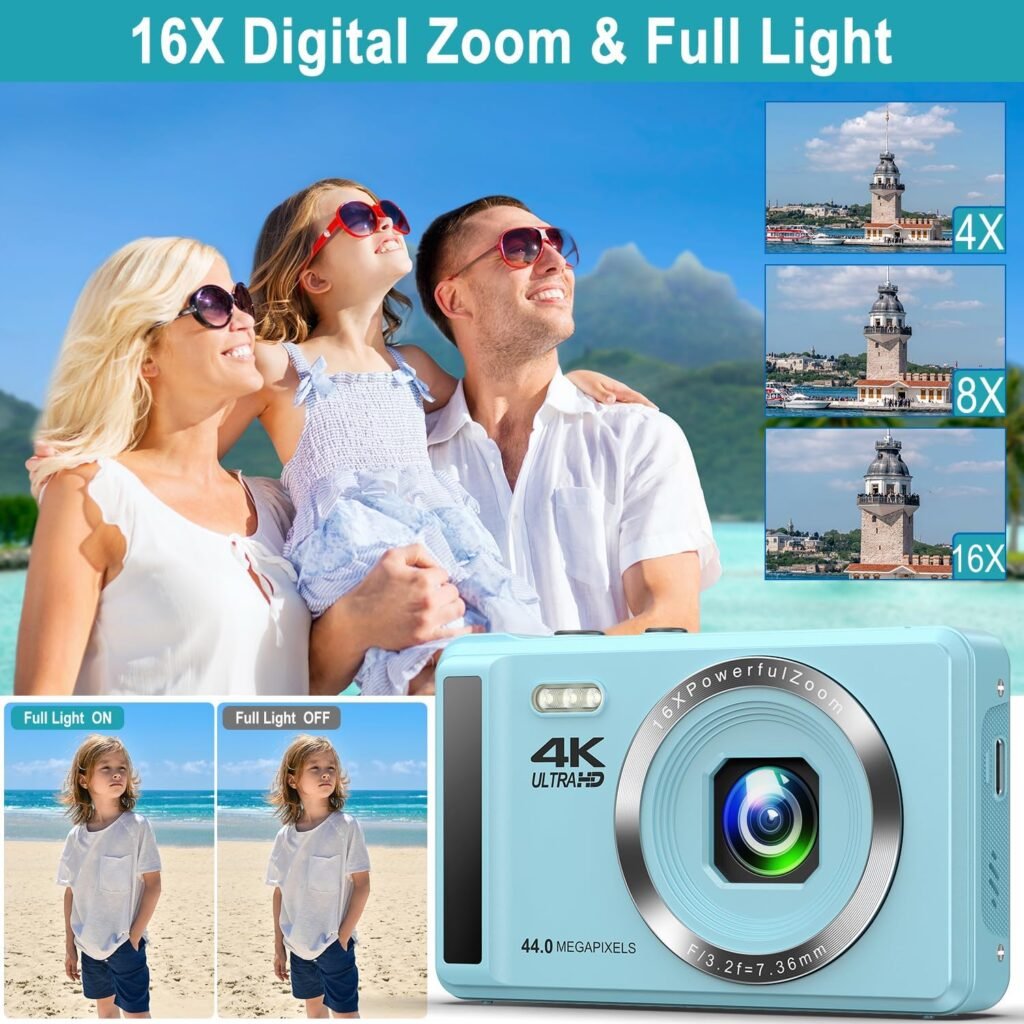 Digital Camera 4K FHD Vlogging Camera, 44MP Autofocus Compact Camera with 16X Digital Zoom, Rechargeable 2.4” Mini Kids Camera with 32GB Memory Card,2 Batteries for Beginners Students Teenagers Blue