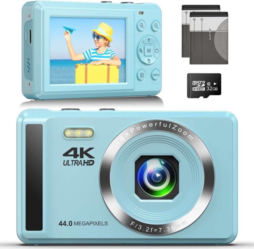 Digital Camera 4K FHD Vlogging Camera, 44MP Autofocus Compact Camera with 16X Digital Zoom, Rechargeable 2.4” Mini Kids Camera with 32GB Memory Card,2 Batteries for Beginners Students Teenagers Blue