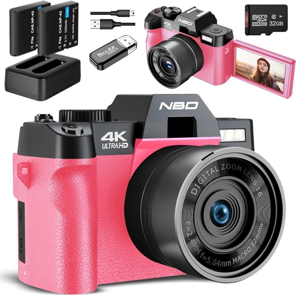 NBD S100 Digital Camera for Photography and Video,48MP 4K Vlogging Camera with 180° Flip Screen，16X Digital Zoom, Autofocus Compact Camera 32GB TF2 Batteries Included ，Beginner-Friendly,PINK
