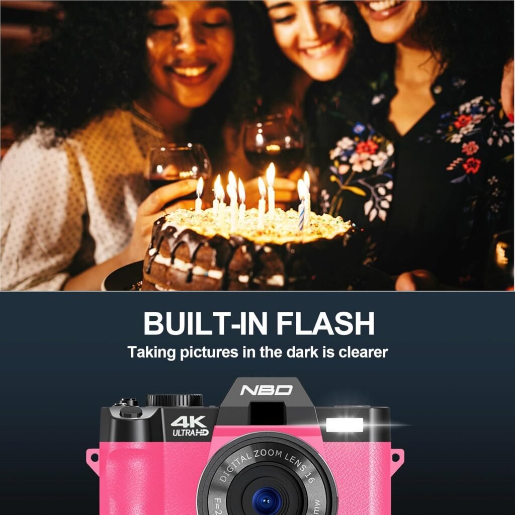 NBD S100 Digital Camera for Photography and Video,48MP 4K Vlogging Camera with 180° Flip Screen，16X Digital Zoom, Autofocus Compact Camera 32GB TF2 Batteries Included ，Beginner-Friendly,PINK
