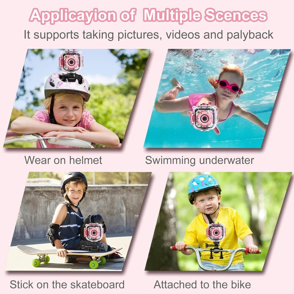 PROGRACE Kids Camera Underwater Video Camcorder Waterproof Kids Video Camera Digital Sports Action Camera Girl Gift Photography Children Camera Christmas Birthday Toy Bike Helmet Camera 1080P HD