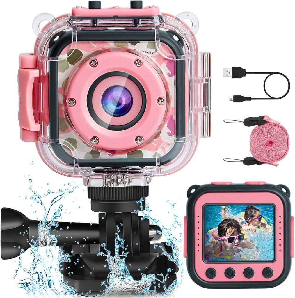 PROGRACE Kids Camera Underwater Video Camcorder Waterproof Kids Video Camera Digital Sports Action Camera Girl Gift Photography Children Camera Christmas Birthday Toy Bike Helmet Camera 1080P HD