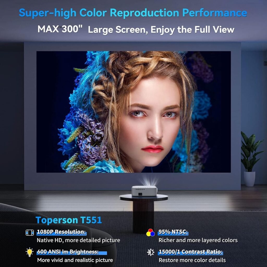 Toperson WiFi Bluetooth Projector, Native 1080P Projector, 600 ANSI Lumens, Support 4K Dobly, Video Projector for iOS Android TV Stick, 4P/4D Keystone Correction, 50% Zoom for Home Movie